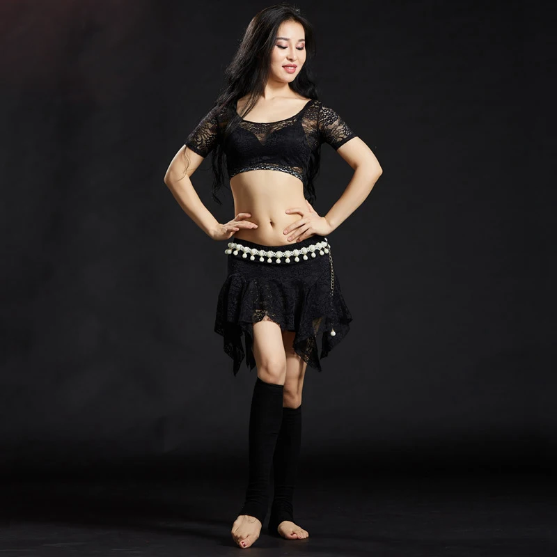 

Lace Belly Dancing Costume Set 2 Pieces Short Sleeve Top Skirt For Women Sexy Lace Dance Costume Oriental
