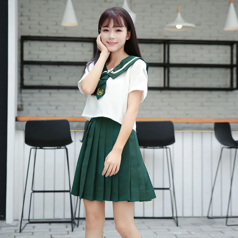 Для девочек-подростков, японский Корейская школьная в стиле японской школьницы форма сладкий 2 шт./компл. плиссированная юбка блузка матросский костюм зеленые костюмы для Для женщин XL - Цвет: Tops Skirt