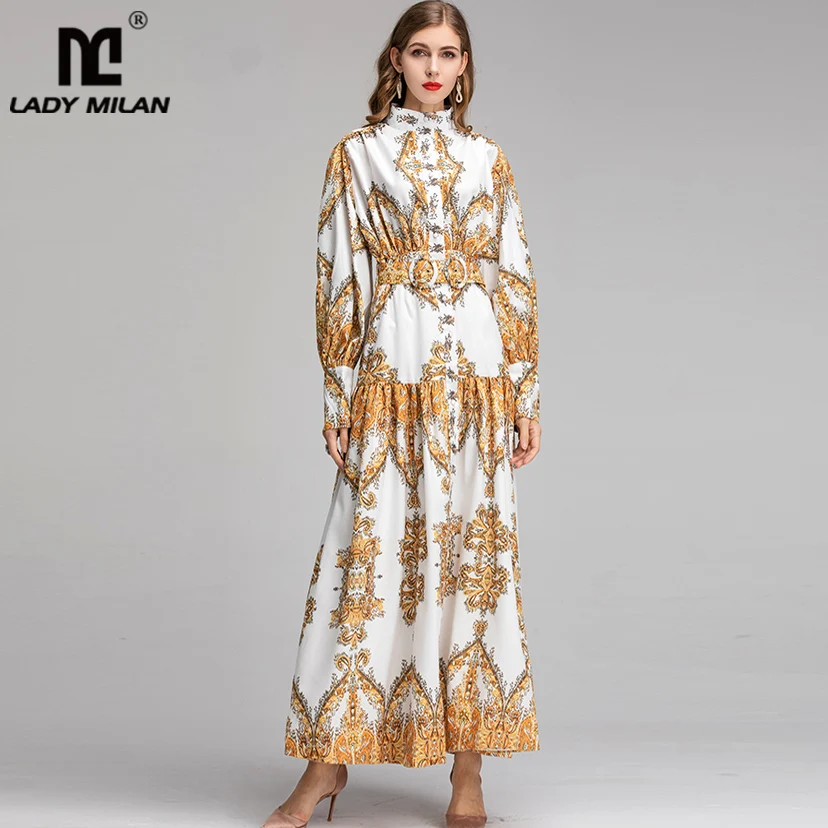

Women's Runway Designer Dresses O Neck Long Sleeves Vintage Printed Loose Design Elegant Maxi Dresses with Belt