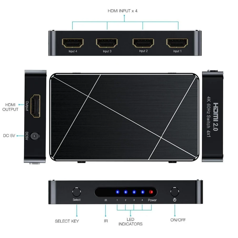 4x1 HDMI 2 0 переключатель 4K 60Hz 4:4:4 HDR 4 порта селектор с пультом дистанционного