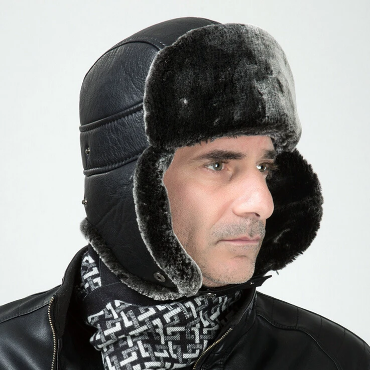 Men Thick Pu Leather Bomber Hats Winter Earflap Russian Hats Ushanka