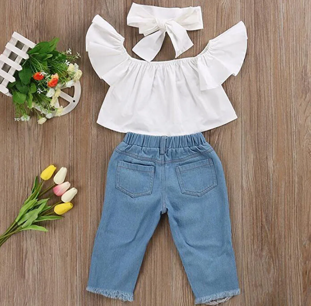 Новые модные топы с открытыми плечами для малышей+ джинсовые штаны с дырками, джинсовая повязка на голову, одежда для малышей