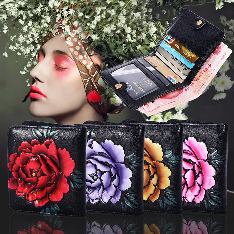 

HJKL 2018 Luxury Ladies Purse Top Leather Wallet Women Cowhide Peony Purse Small Clutch Female All-Matched Wallets Card Holder