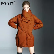 FYYIYI повседневные зимние свободные пуховики больших размеров, модные женские пуховики с высоким воротником и пуговицами на белом утином пуху, одноцветные ромбовидные Топы