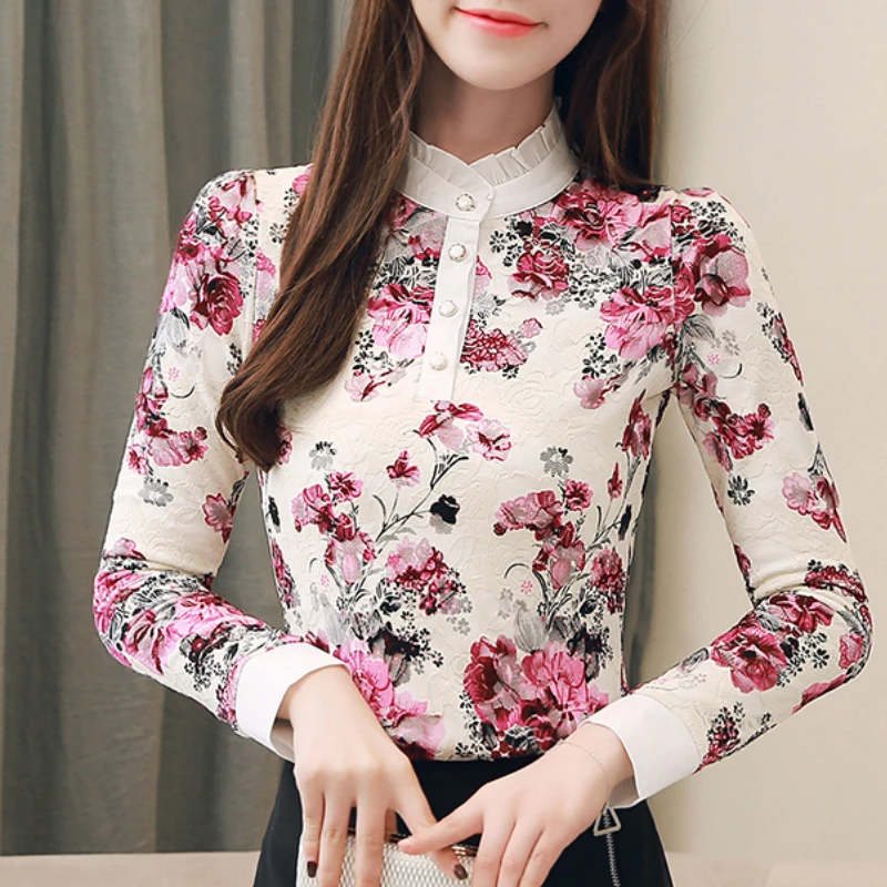 

plus size 3XL women blouse print lace blouse shirt fashion elegant blouse womens tops and blouses long sleeve women shirts A612