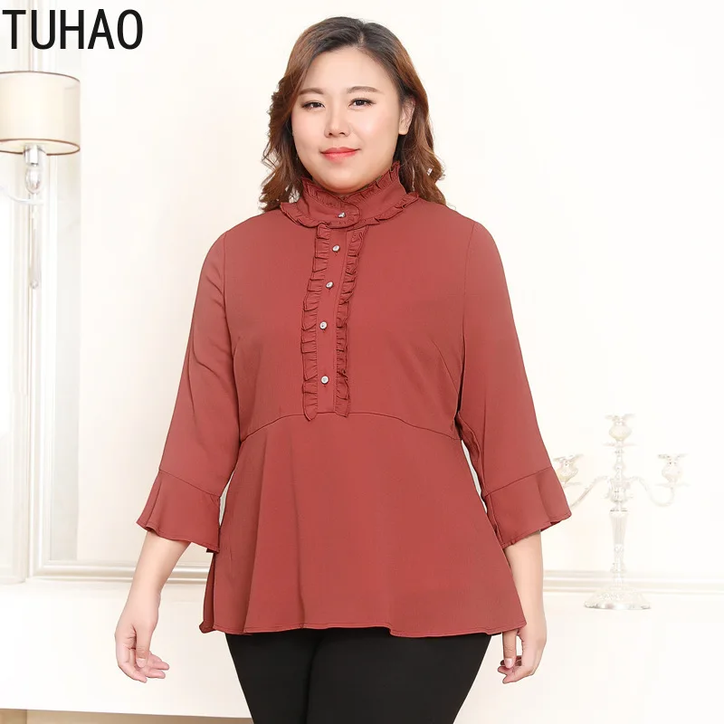 

TUHAO 2019 Spring Summer Elegant Women Work Blouse Plus Size 10XL 9XL 8XL Flare Sleeve Ruffles Office Lady Blouses Shirts Tops