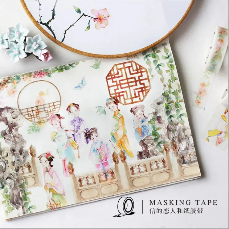 

30/40/50mm Ancient Qing Dynasty Chinese Palace Figure Painting Buildings Decorativ Washi Tape DIY Planner Scrapbook Masking Tape