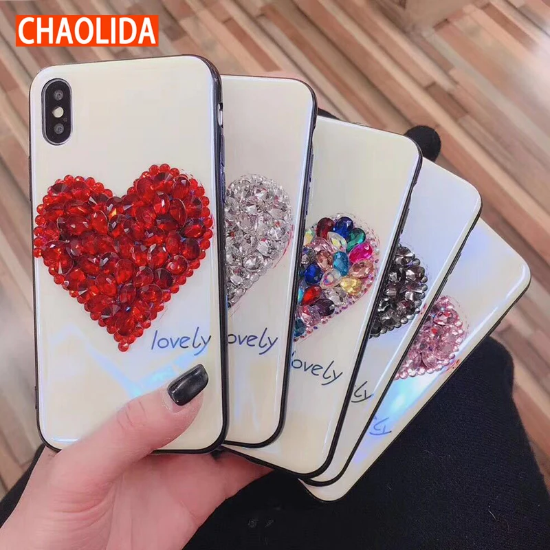 

CHAOLIDA Luxury Women Phone Case for Apple IPhone X Case Rhinestone Heart Cellphone Cover Case Girl Funda Celular Free Shipping