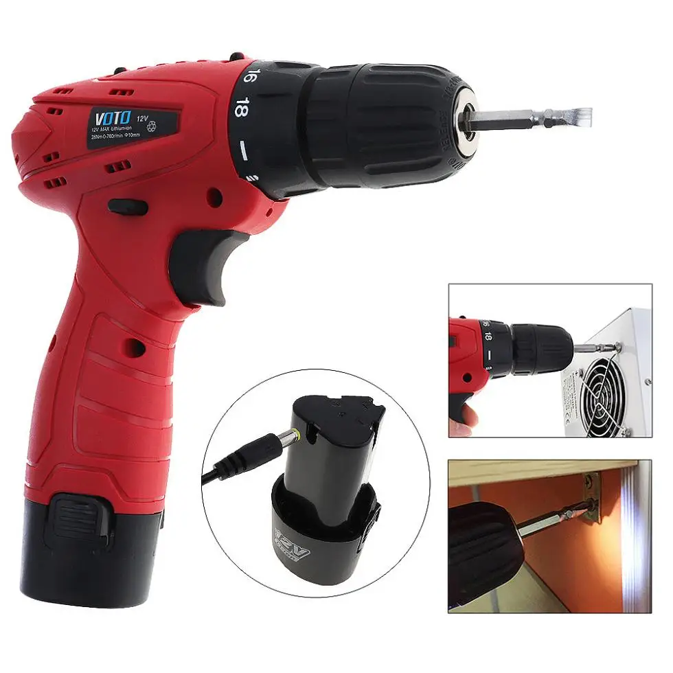 VOTO Handling Screws/Punching AC 100 - 240V Cordless 12V Electric Screwdriver with 2 Lithium Batteries