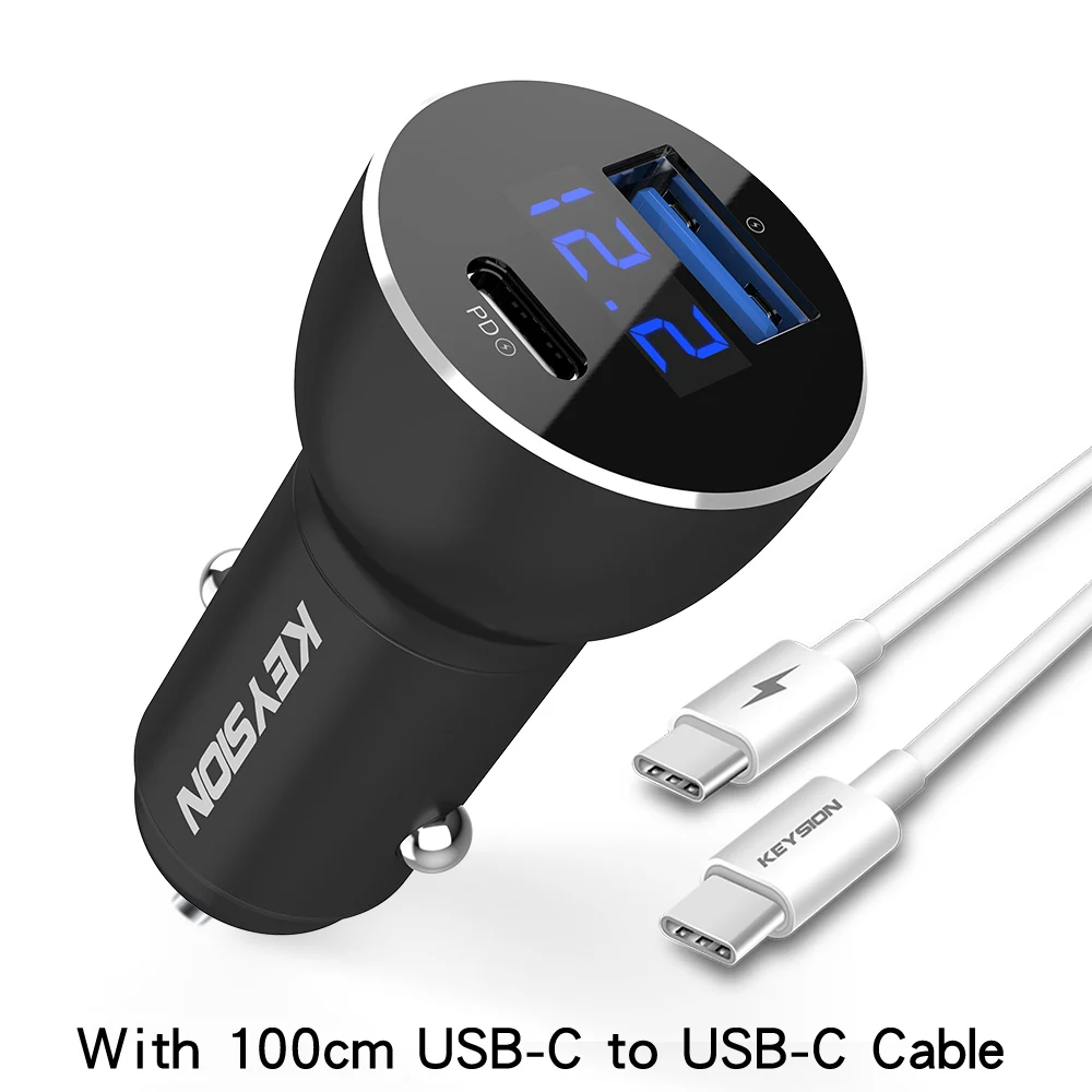 KEYSION Dual USB PD быстрое автомобильное зарядное устройство с цифровым дисплеем USB C Зарядка для iPhone XS Max XR 8 Plus QC 3,0 быстрое зарядное устройство для samsung - Тип штекера: USB-C To C Cable