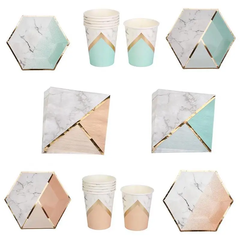 

Gold Pink Mint Green Marble Texture Paper Disposable Tableware Party Decoration Tissue Paper Tableware Plates Cups Napkins