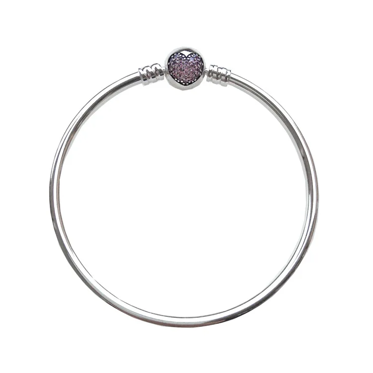 

100% 925 Sterling Silver Basic Chain Pink Love Heart Crystal Clasp Bracelets Fit Women Charms Beads & Pendants DH005