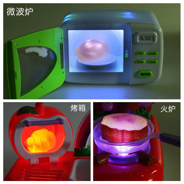 Brinquedos de Microondas Conjunto de Cozinha Brinquedos do Miúdo Simulação Cozinhar Luzes Elétricas Cozinha Alimentos Mudar Cor Menina Jogo Interior 12 Simulação cozinhar brinquedos de microondas luzes elétricas