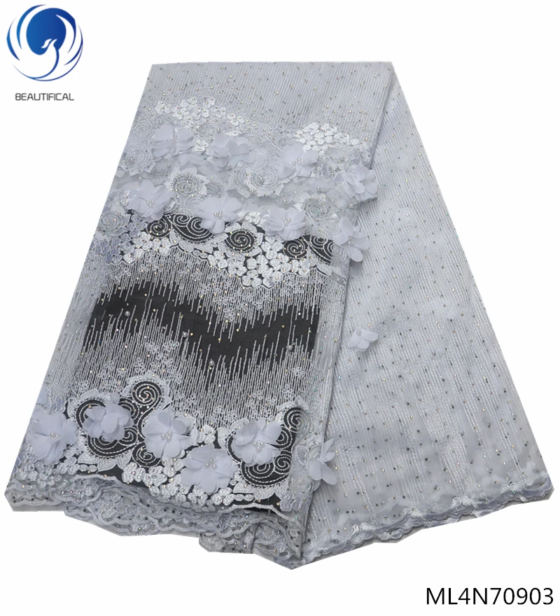 

Beautifical 3d flower tulle laces fabric african lace fabrics 2019 fabrics dress with beads for women dress 5yards/lot ML4N709