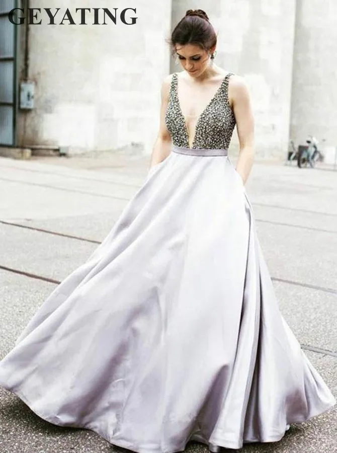 Elegant Long Silver Grey Satin Prom Dress Beaded Crystal V Neck Evening