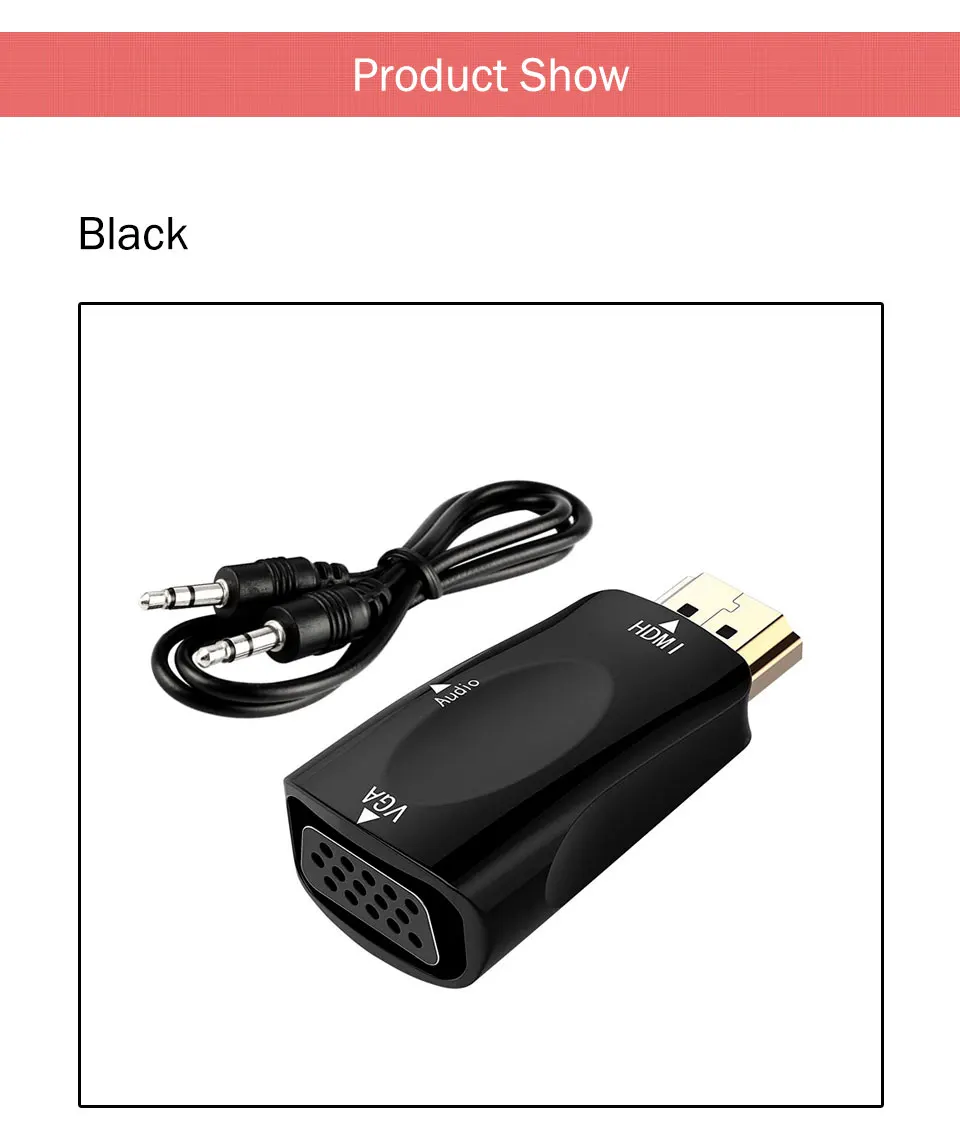 HDMI to VGA Adapter Converter with Audio Cable Male To Female 1080P For PCHDTVDVDXbox PS3 Projector Black and White 2018 New (4)
