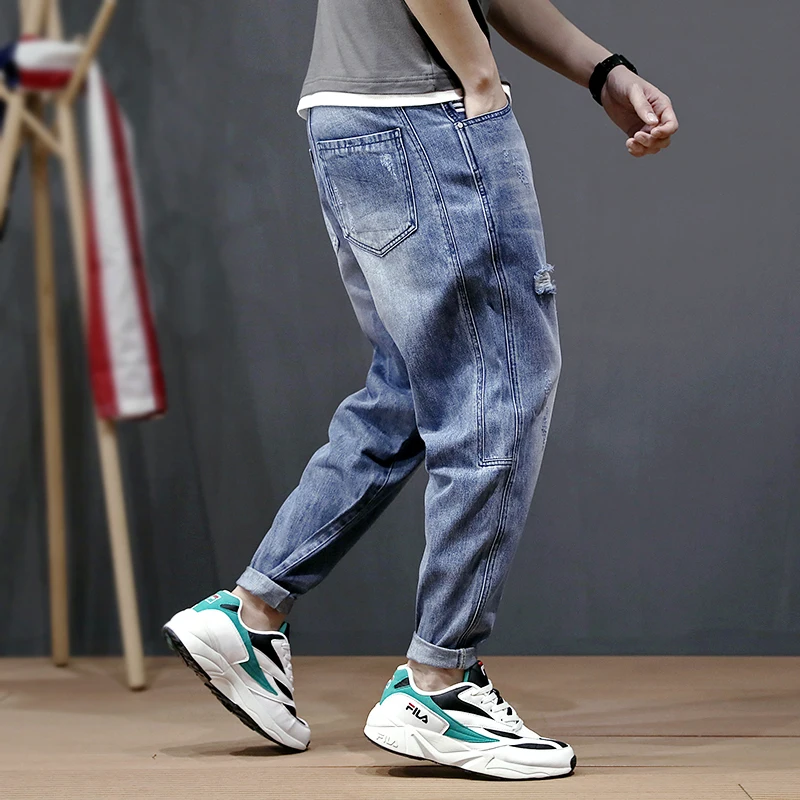 Fashion Streetwear Men Jeans Blue Color Loose Fit Harem Pants White Printed Designer Small Leg Open Hip Hop Ripped Jeans Men