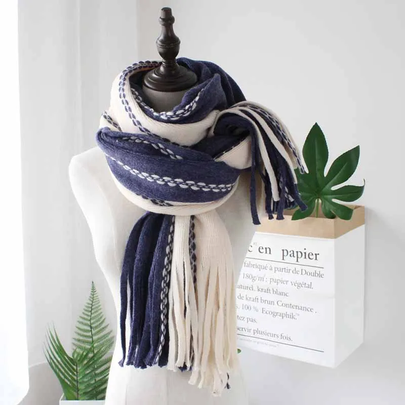 

Brand Knitted Cashmere Scarf Women Winter Warm Designer Ladies Fashion Pashmina Shawl Foulard Girls Striped Head Long Scarves