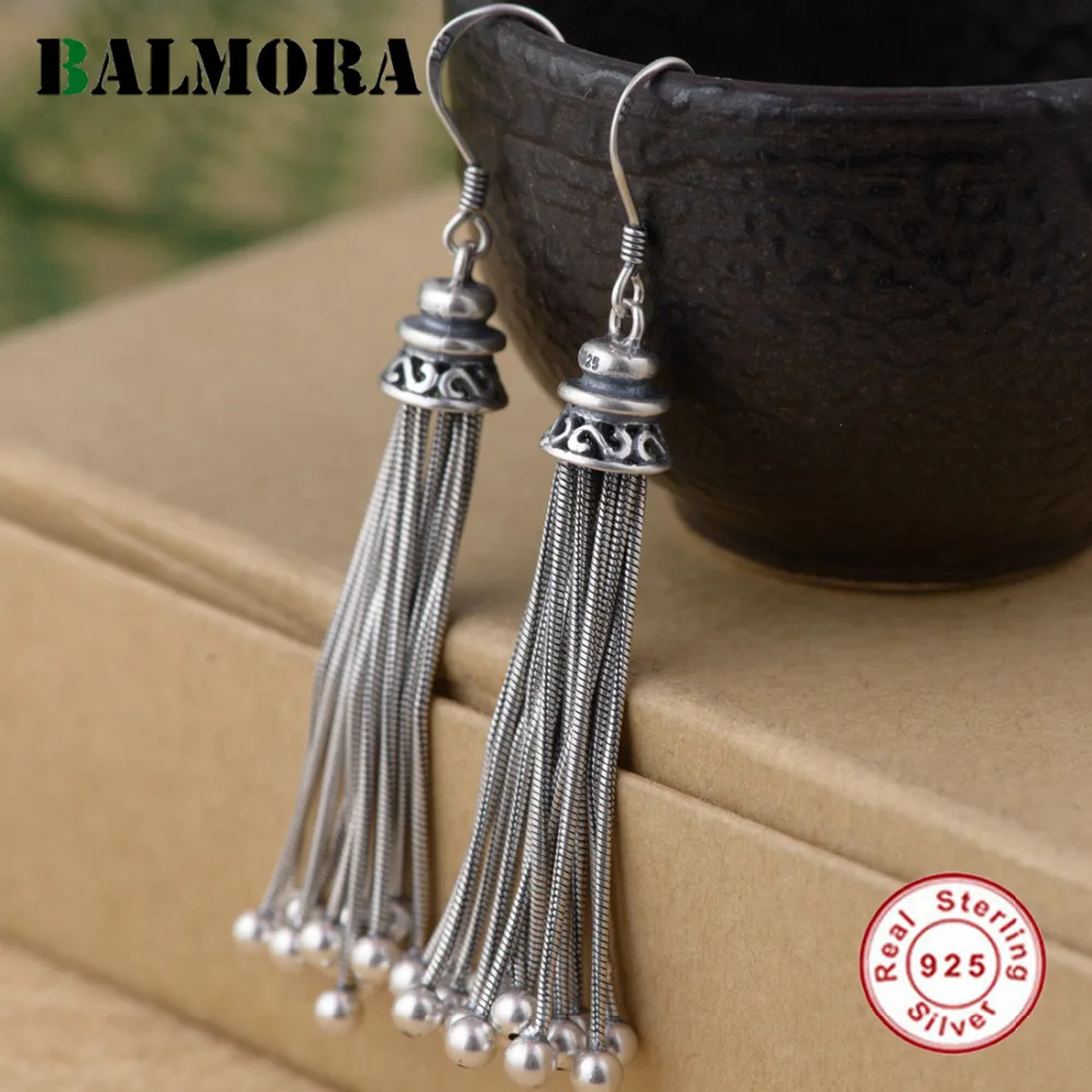 BALMORA 925 Sterling Silver Tassel Long Drop Earrings for Women Party Gift Ethnic Earrings Thai Silver Jewelry Brincos SY31317