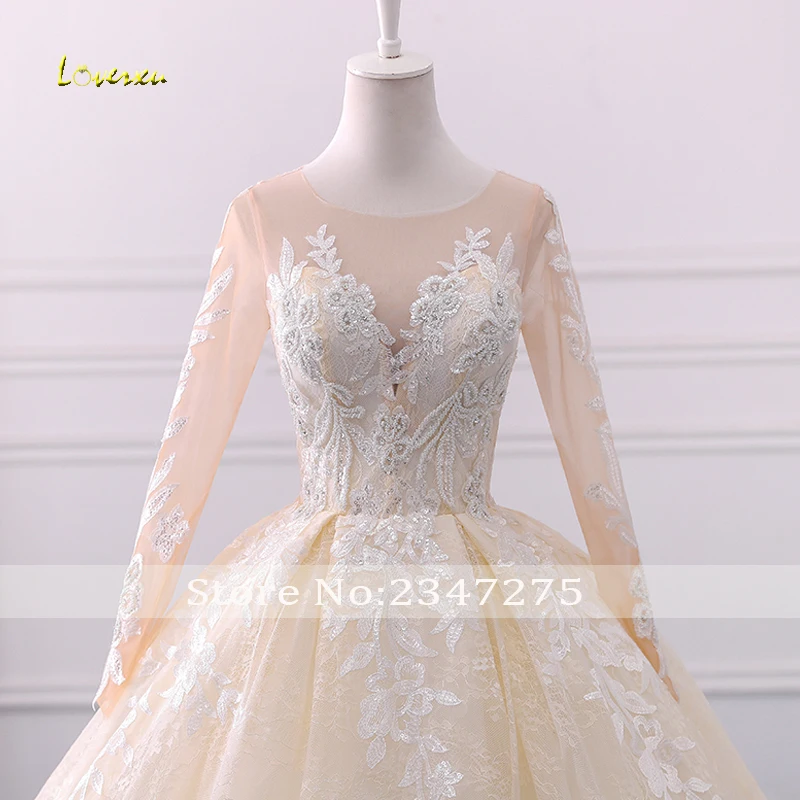 Loverxu Vestido De Noiva с глубоким круглым декольте расшитые бисером бальное платье свадебное длинный рукав аппликация Часовня свадебное платье с длинным подолом плюс размеры