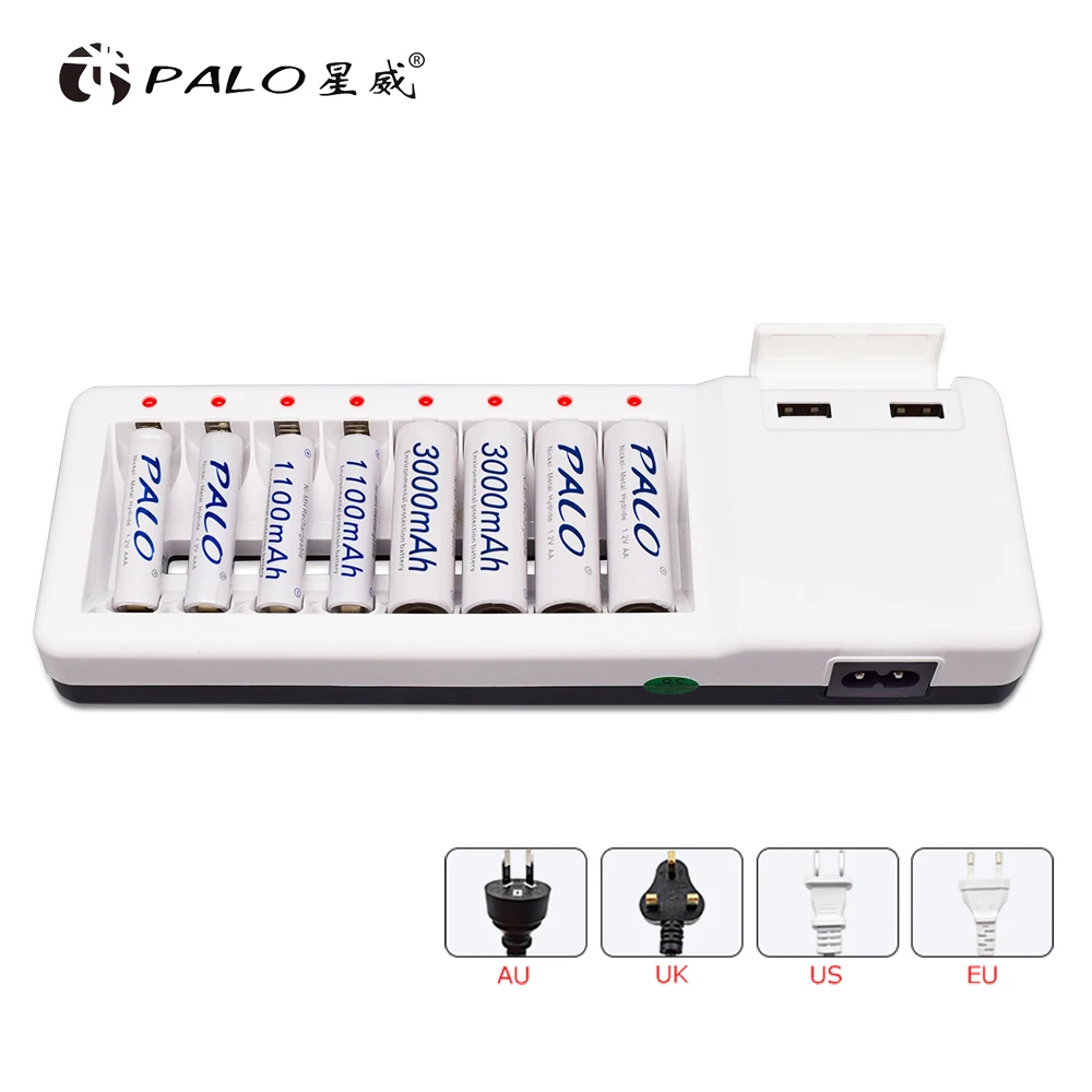 

8 slots aa aaa battery charger quick charge with LED display for aa aaa nimh nicd 1.2V rechargeable batteries with 2 USB ports