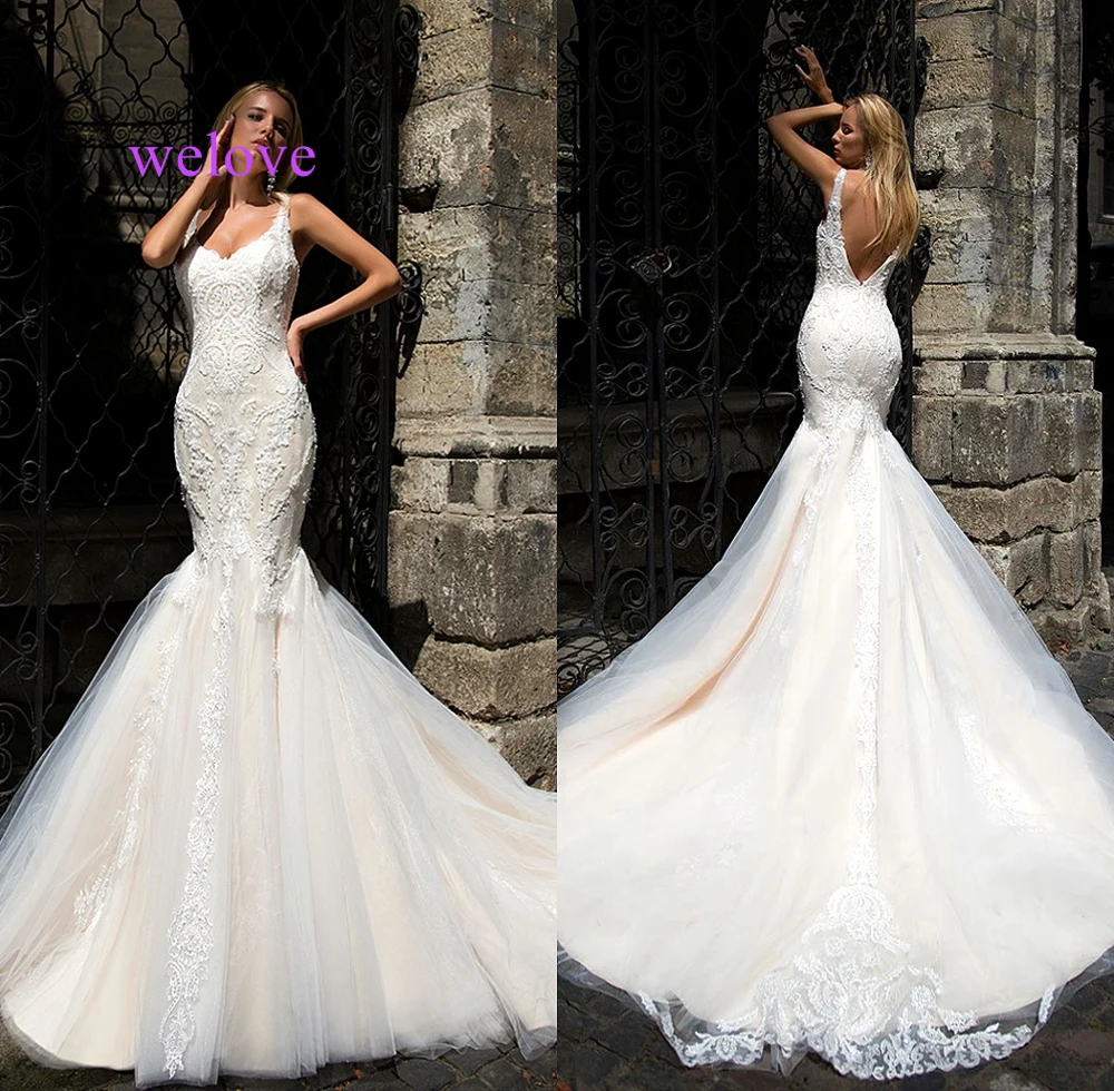 

Robe de mariee Bridal Wedding Gown Real Photos White Lace Cheap Mermaid Wedding Dress Train 2019 Vintage Sash vestido De noiva