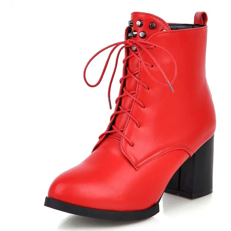 ANMAIRON Platform Martin Boots Shoes Women Red Beige Black Round Toe Lace Up Square heel High