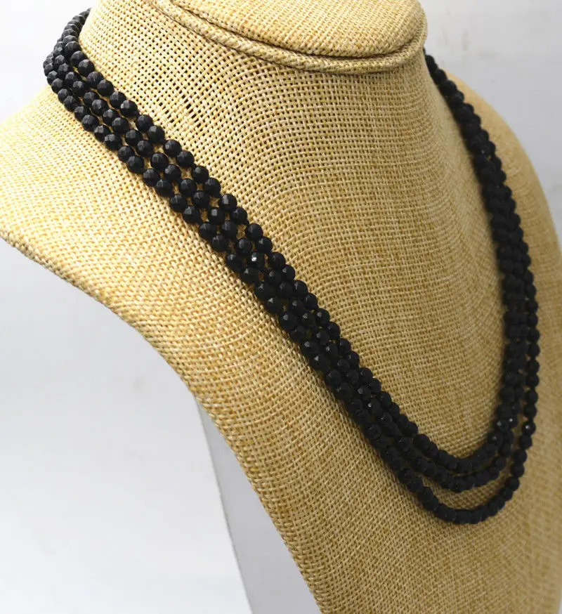 

Fashion jewelry 3 rows Faceted 4 mm natural black onyx bead Necklace 17-19 "AAA