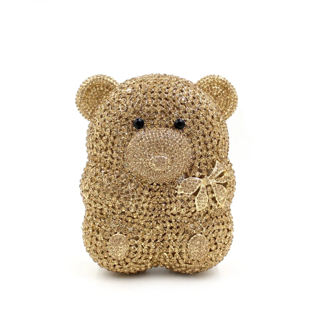 New Animal shaped Bear Crystal Evening Bags Cute Gold Bear Clutch Bag