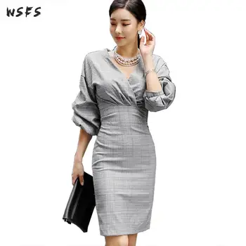 

Autumn Dress Womens Grey Plaid Vneck Office Ladies Dress 2018 Vintage Bodycon Bandage Sexy Party Midi Pencil Wrap Tight Dresses