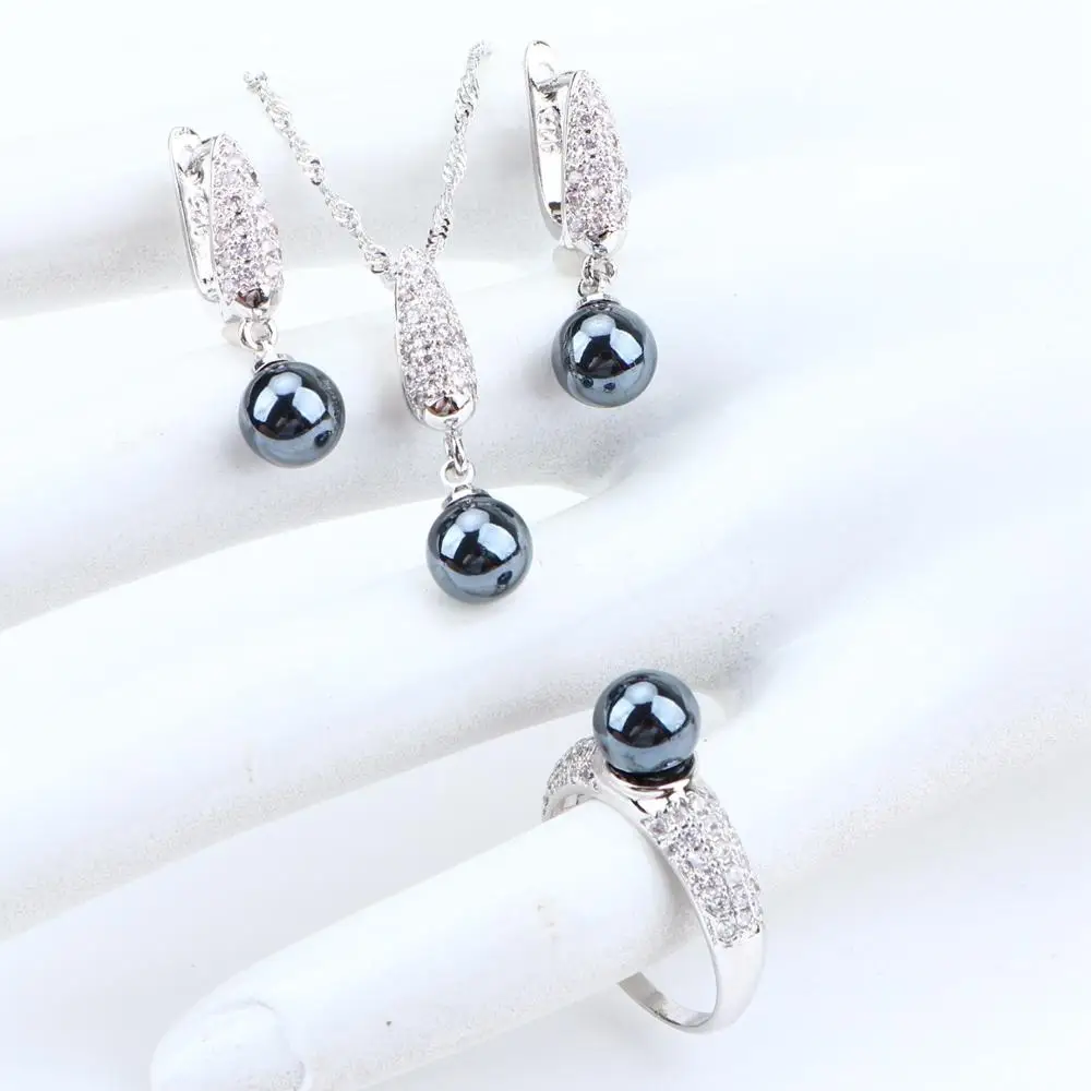 Жемчуг свадебные серебряные 925 Свадебные Ювелирные наборы для женщин черный камень циркон серьги кольцо Ожерелье Бижутерия Набор подарочная коробка - Окраска металла: 3PCS