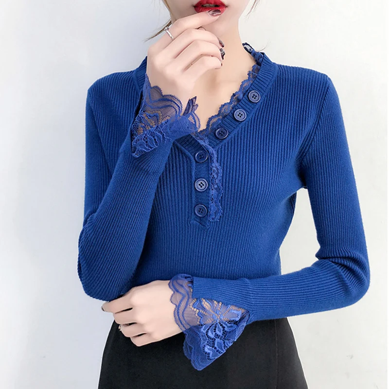 

Thick Warm Knitted Sweater Women Lace Patchwork Winter Sexy Pullovers High Elasticity Sweaters Top V-Neck Soft Female Jumper