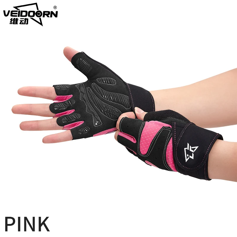 Veidoorn профессиональные нескользящие перчатки для спортзала с длинным поясом, защищающие запястья, дышащие спортивные фитнес тяжелая атлетика, 1 пара - Цвет: V5001 CLASSIC Pink