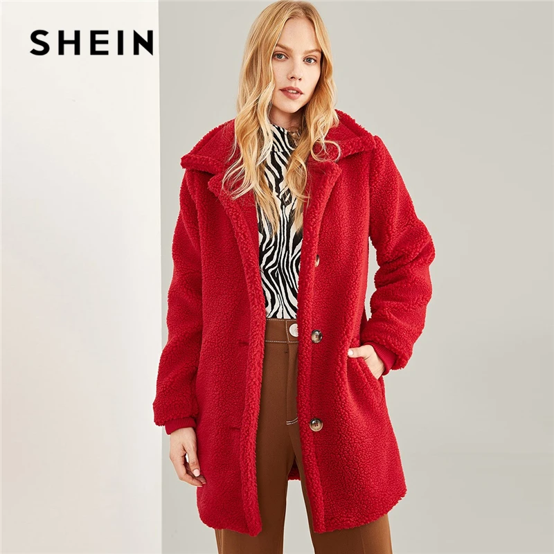 SHEIN Red Office Lady Elegant Waterfall Collar Solid Knee Length Teddy