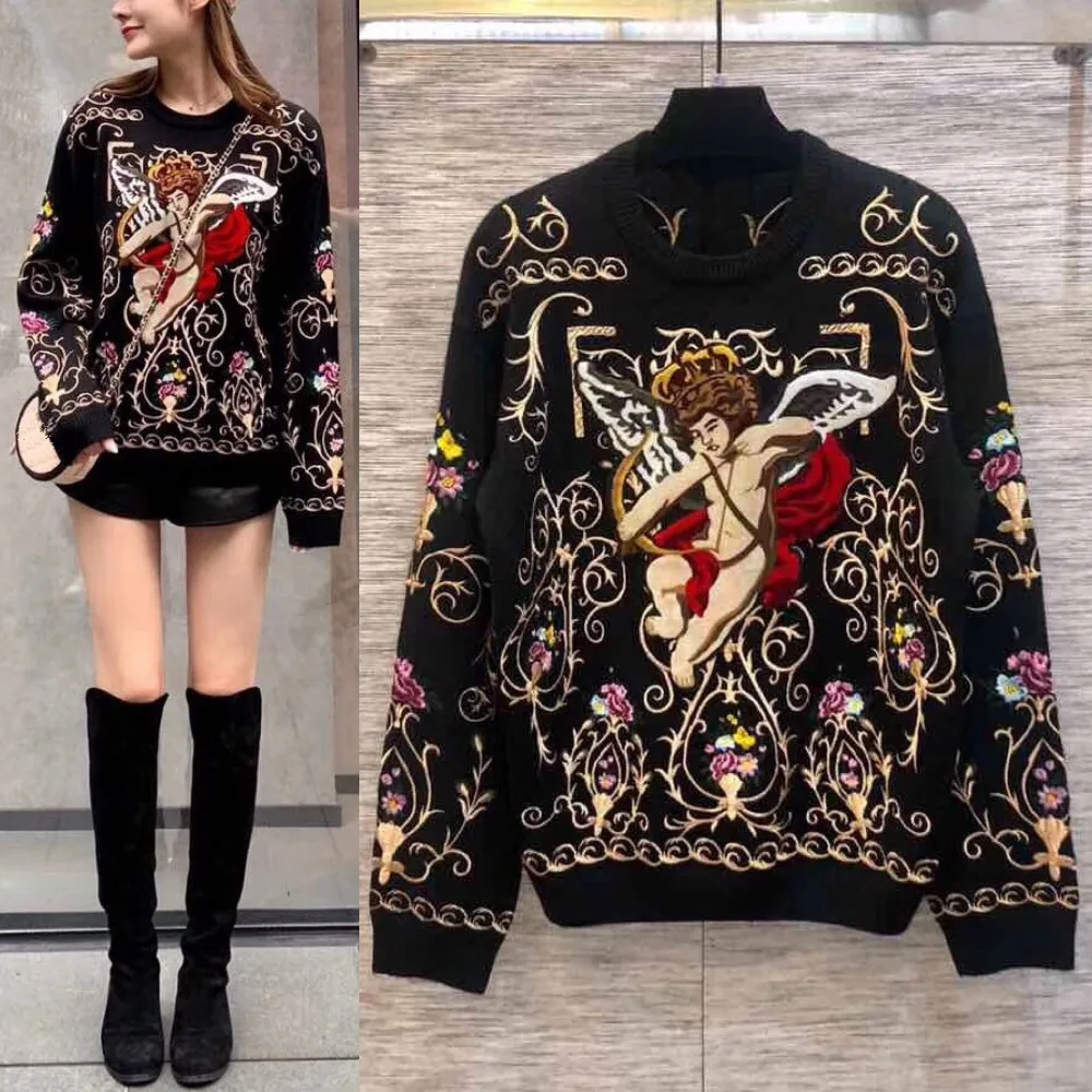 

Luxury Brand Clothes Women 2019 Spring High Quality Embroidery Knitted Sweater Fashion Black Long Casual Pullover Girls