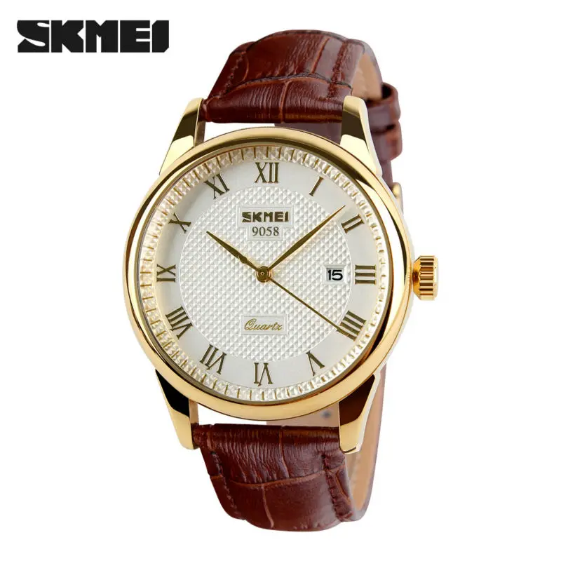 SKMEI брендовые Роскошные Кварцевые часы для влюбленных модные повседневные часы 30 м Водонепроницаемые кожаные часы для мужчин и женщин наручные часы 9058