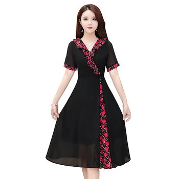

2019 design fashion new summer long chiffon printing splicing dress V neck patchwork red black dresses lady vestidos outfit