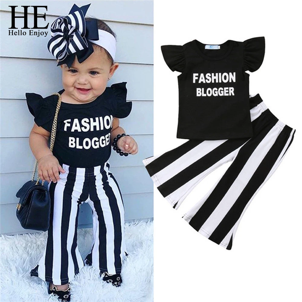 

HE Hello Enjoy Toddler Girls Kids clothes Sleeveless Ruffle Letter Print Pullover T-Shirts Stripe Trousers 2PC Baby Clothing Set