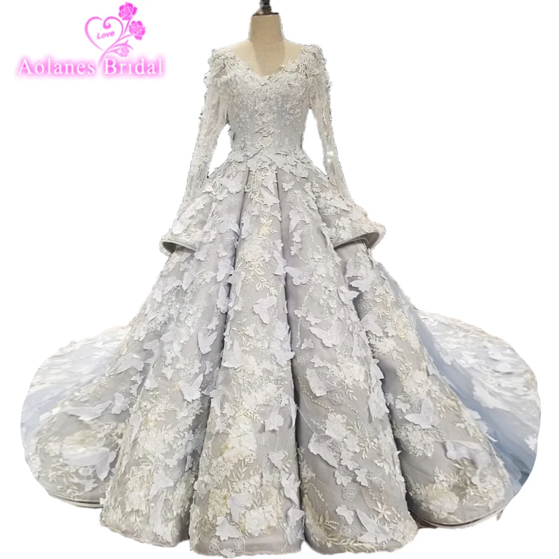 

New Collection Plus Size Full Beading Crystal 3d Flower Luxury Bridal Gowns Waves Long Tail Ball Gown Light Blue Wedding Dresses