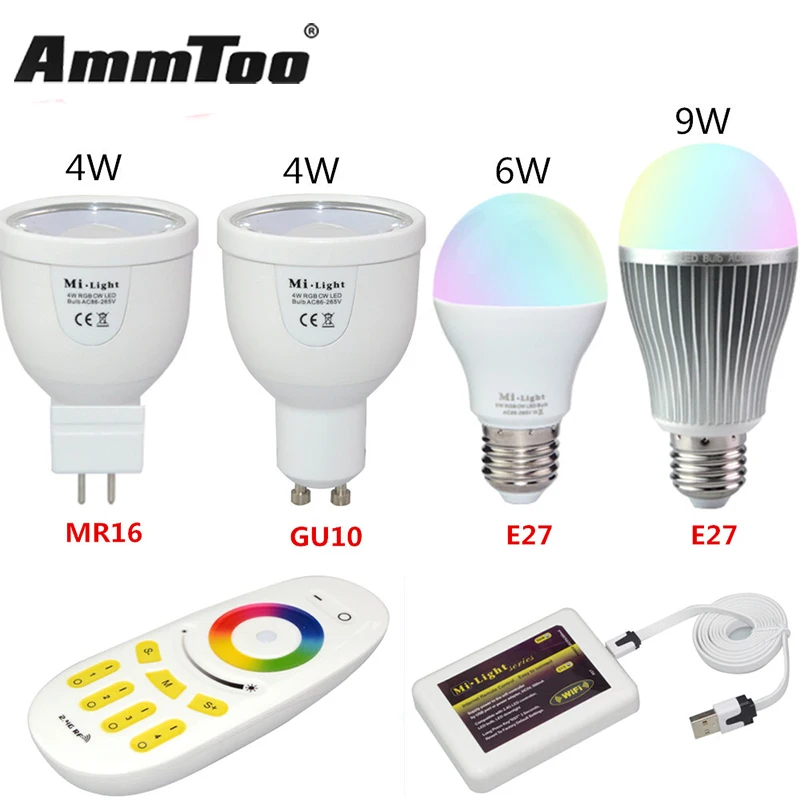 

Milight LED Lamp Bulb E27 GU10 RGBW RGBWW LED Light 85-265V 4W 6W 9W / Four Zone Remote / Wifi Controller Wifi APP Control