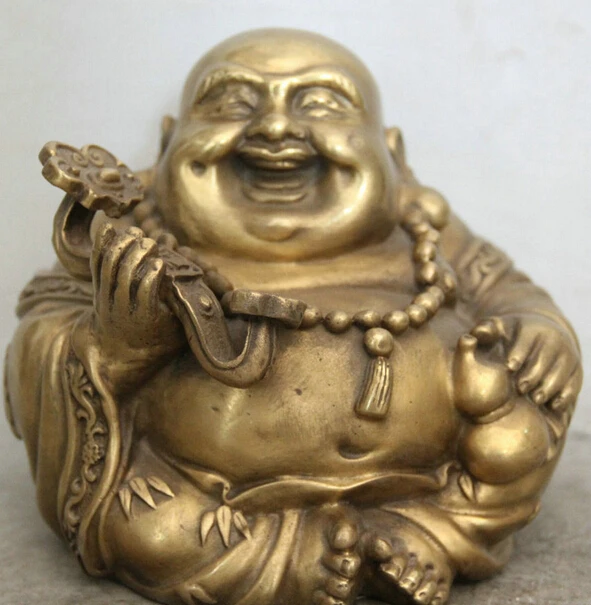

JP S61 6" Chinese Buddhism Brass Ru Yi cucurbit Seat Happy Laugh Maitreya Buddha Statue Discount 35%