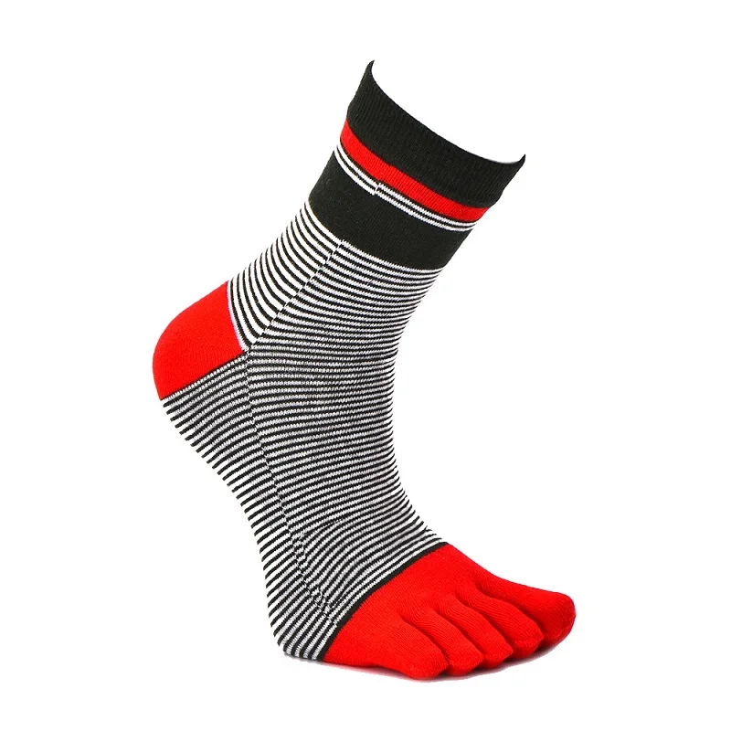 1 пара, мужские носки с пятью раздельными пальцами, полосатые, чесаные, хлопковые, дышащие, антифрикционные, дезодорирующие, спортивные носки, раздельные носки до голени - Цвет: Red