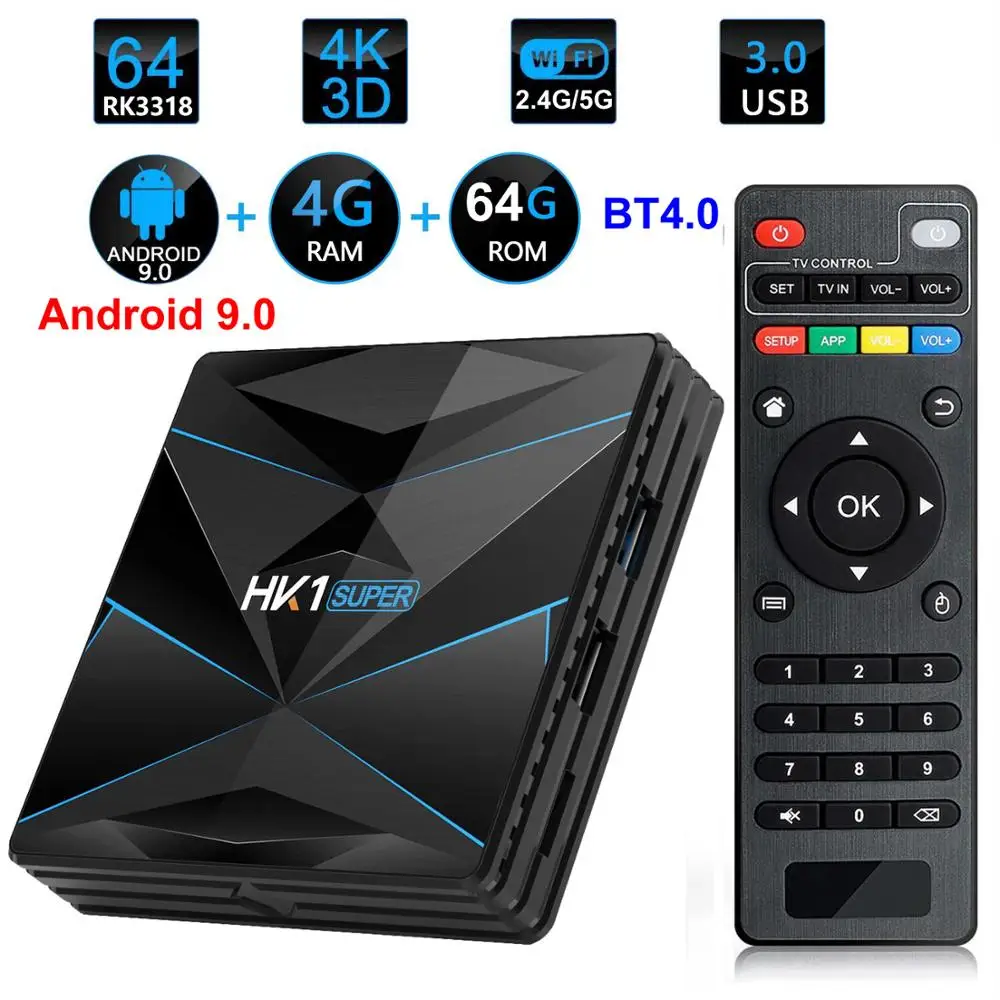

Android 9.0 Smart TV Box HK1 Super Rockchip RK3318 4GB RAM 64G ROM USB 3.0 2.4G/5G Dual WIFI BT4.0 3D 4K HDR Set Top Box