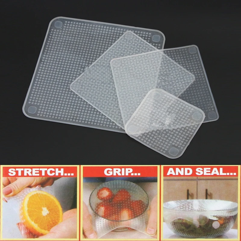 

4pcs Multifunctional Food Fresh Keeping Saran Wrap Kitchen Tools Reusable Silicone Food Wraps Seal Vacuum Cover Lid Stretch