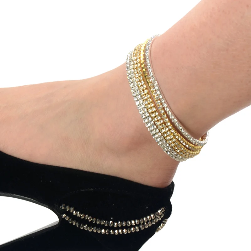 1Pc 1/2 Row Gold Silver Color Crystal Stretch Anklet For Women Girls Elastic Foot Chain Ankle Bracelet Bangle Jewelry Gifts | Украшения и
