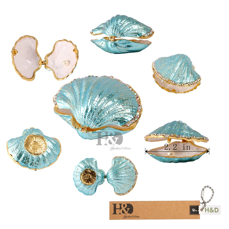 H&D 2.6'' Hand Painted Enameled Shell Style Decorative Hinged Jewelry Trinket Box Unique Gift For Home Decor (Pearl mussel) H&D 2.6'' Hand Painted Enameled Shell Style Decorative Hinged Jewelry Trinket Box Unique Gift For Home Decor (Pearl mussel)