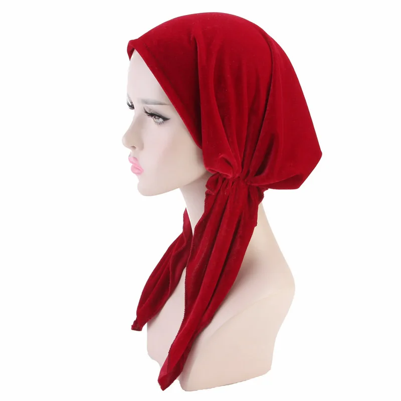 Мусульманские женщины эластичный бархат тюрбан шляпа рак шапочка при химиотерапии шапки предварительно связанный шарф химиотерапия головной убор аксессуары для выпадения волос
