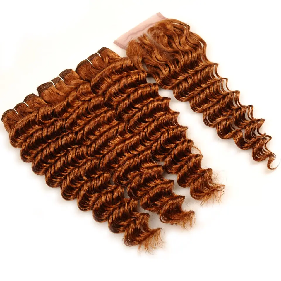 Pinshair Deep Wave 3 Bundles With Closure Blonde 30 Peruvian Human Hair Bundle With Middle Part Closure 10-26 Inch Non Remy Hair (14)