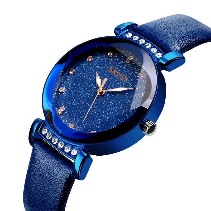 Модные женские кварцевые часы Роскошные Звездный циферблат женские часы Дамская одежда наручные часы водонепроницаемый браслет часы Лидирующий бренд SKMEI - Цвет: Blue leather