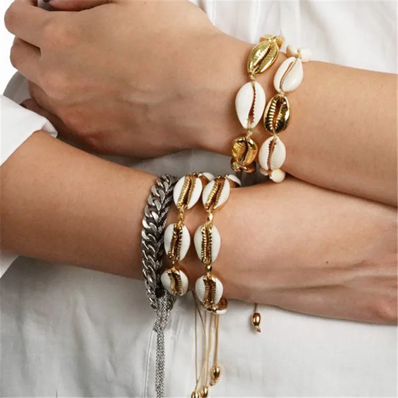 

Gold Color Natural Shell Bracelets For Women Cowrie Adjustable Coffee Chain Bohemia Bracelet Fashion Jewelry A379